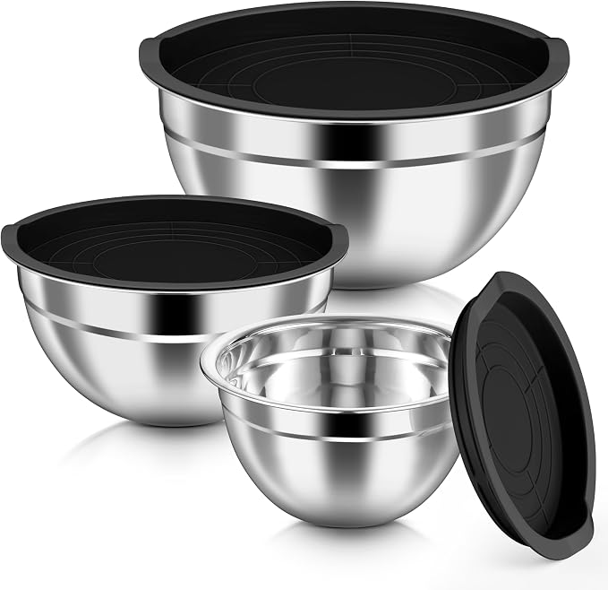 HaWare Mixing Bowls with Airtight Lids, 6-Piece Stainless Steel Salad Bowls | Strong Nesting Bowls for Cooking, Prepping, Baking, Serving & Food Storage, Stackable Design, Size 4.6, 3, 1.5QT, Black