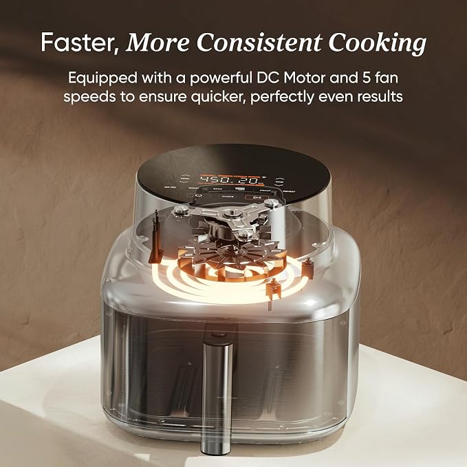 Cosori Iconic Stainless Steel Air Fryer, 6.5Qt, PFAS Free Ceramic Coating | Smart Control, Sleek Stainless Steel Structure, 5 Fan Speeds, Air Fry, Roast, Bake, Dry, Proof, Reheat, Chef-Crafed Recipes