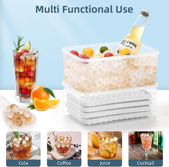 Mini Ice Cube Trays for Freezer with Lid, 0.55" Pebble Ice | 4 Trays-White, with Ice Box & Scoop. for Coffee, Bottle, Juice & Drinks, Easy Twist Release, Stackable