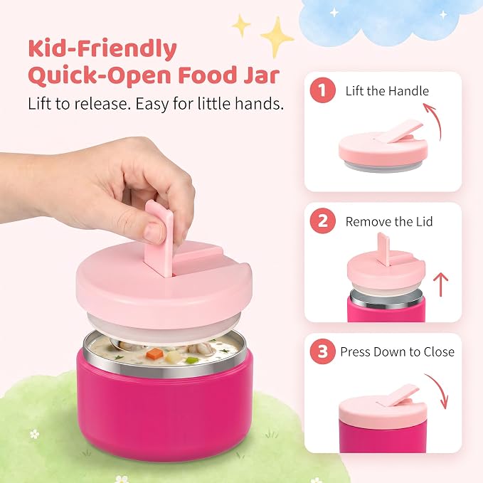 Pawtong Bento Lunch Box with 8oz Soup Thermo, Kids Leakproof Lunch Food Containers with 4 Compartment, Kids Thermo Insulated Hot Food Jar for School, Trvael - (Pink)