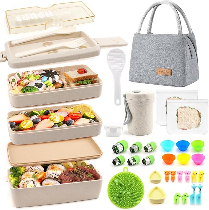 35Pcs Bento Box Japanese Lunch Box Kit Leakproof Bento Lunch Box for Kid Adult Wheat Straw 3 Layer Stackable Lunch Container w Compartment Eco-Friendly Meal Prep for Prepy Girl Boy Women (Beige)