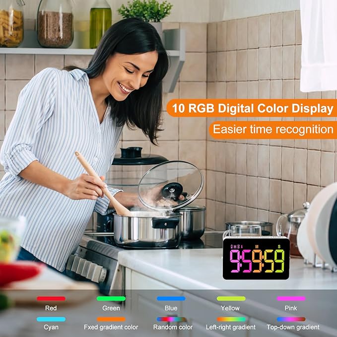 PERSUPER Kitchen Digital Timer, Count Down Up, Rechargeable, Vibration Mode | Adjustable Volume and Brightness LED Display, Time Management Cook, Desk, Kids Adults Study Teaching, Kitchen Gadgets RGB ﻿