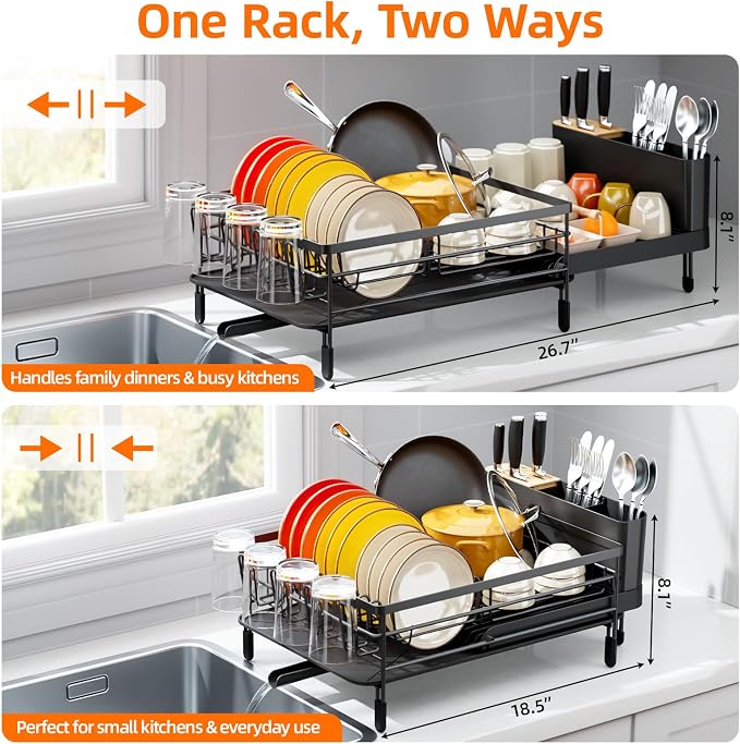 Urackify Extendable Dish Drying Rack, 18.5"-26.7" L x 12.7" W, Black | Multifunctional large dish rack with cup holder and built-in cutlery holder for versatile drying needs