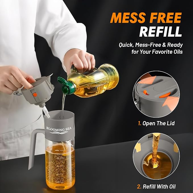 2-in-1 Oil Sprayer and Dispenser – 550ml Glass Olive Oil Bottle with Spray and Pour Modes – BPA-Free, Leakproof, Kitchen Oil Mister for Cooking, Air Fryer, BBQ (Gray)