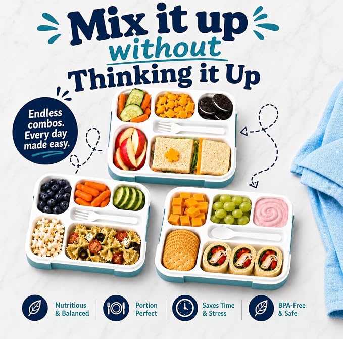 Bento Box Lunch-Box for Kids Adults, Snackle Box Snack Containers for Toddlers Daycare, Leakproof School Bentobox, 6 Section Meal Container for Boys Girls Women Lunches, BPA Free Utensils, Blue
