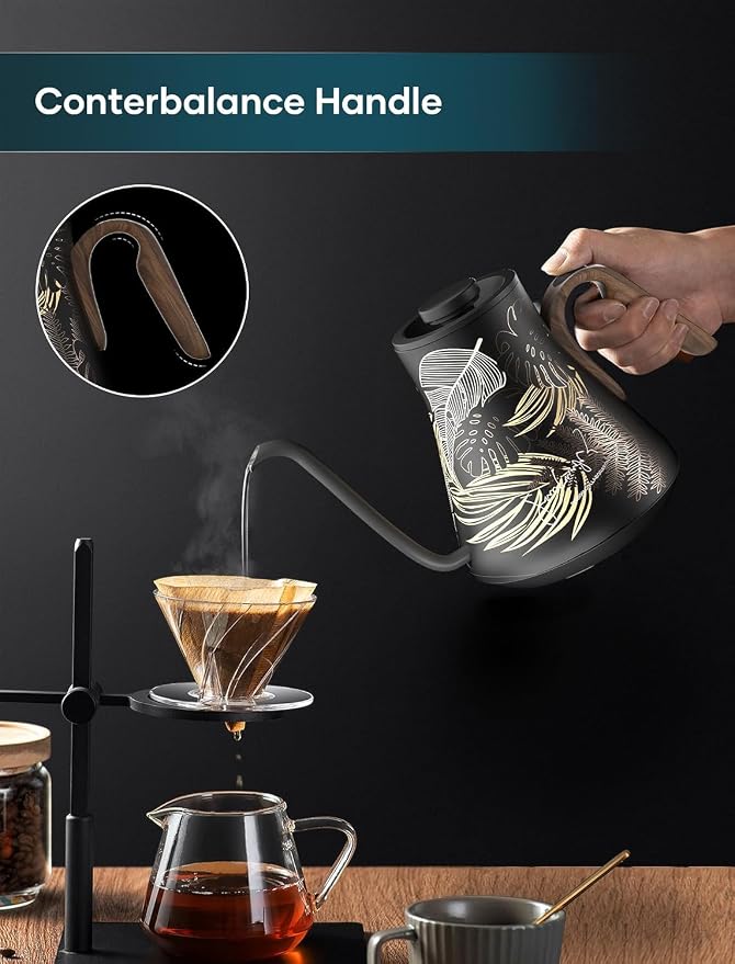 INTASTING Gooseneck Electric Kettle with ±1℉ Temperature Control 0.9 Liter | 1500W Quick Heating, Stainless Steel Inner, Pour Over Coffee & Tea, Keep Warm, Auto Shut-Off, Built-in Brew Timer, Rainforest