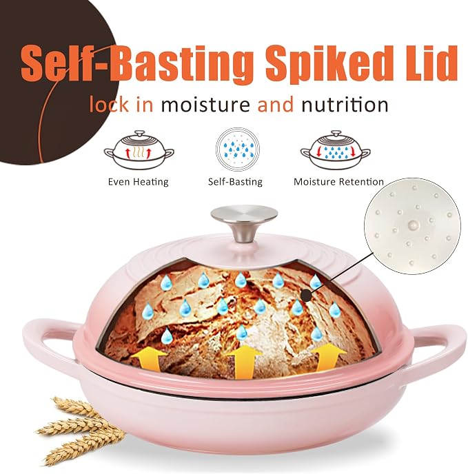 6QT Enameled Cast Iron Round Bread Oven, Sourdough Dutch Oven, Pink | Bread Oven for Homemade Sourdough Bread Baking, Bread Pot with Dome Lid, Gifts for Sourdough Bakers, Oven Safe up to 500°F
