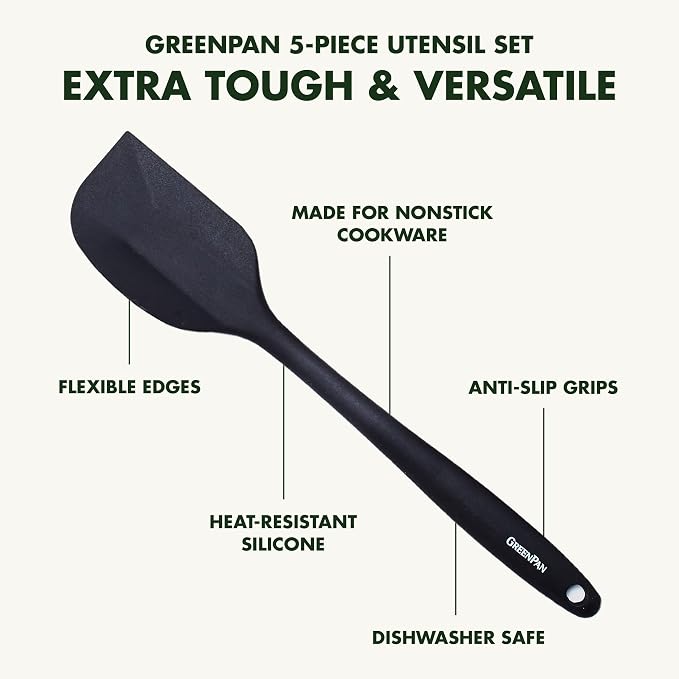 GreenPan 5 Piece Cooking Utensil Set, Flexible Nonstick Silicone, Stain-Free, Tongs, Turner, Spatula, Skimmer, and Slotted Spoon, Black