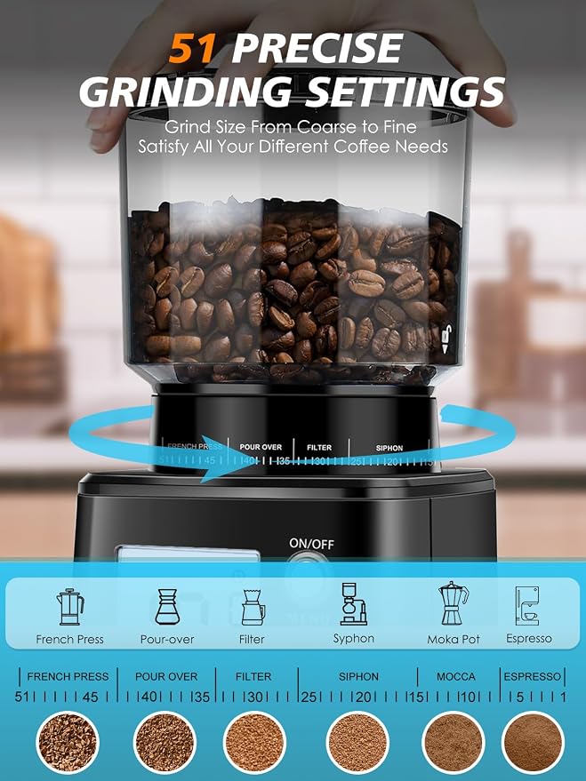 Homtone Conical Burr Espresso Coffee Grinder, 51 Precise Settings, Electric Mill with Portafilter Holder, 2-12 Cups Adjustable, Anti-static, Stainless Steel, 120V