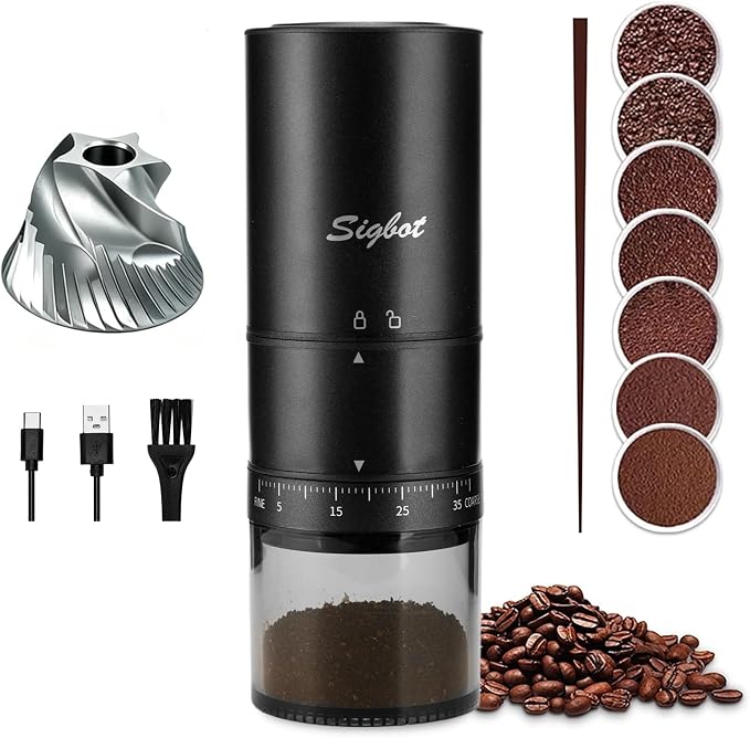 Sigbot Electric Coffee Bean Grinder, Cordless Burr Grinder for Travel | USB-C Rechargeable, Portable, 38 Grind Settings, 420 Stainless Steel Conical Burr, Single Dose for Home Use, Office, Camping