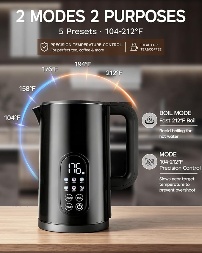 1.7L Stainless Steel Electric Kettle with Temperature Control–Black | 5 Preset Temperatures for Tea & Boiling Water, 2H Keep Warm, 1200W BOIL Mode, 304 Stainless Steel Interior, Cordless Base