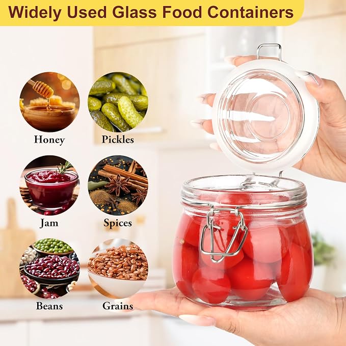 HINGWAH 16oz Glass Jars with Airtight Lids, 6 Pack Mason Jars | Wide Mouth Jars with Clamp Lids, Glass Storage Containers with Lids for Pickling, Coffee, Herb, Spice, Sugar, Kitchen Storage