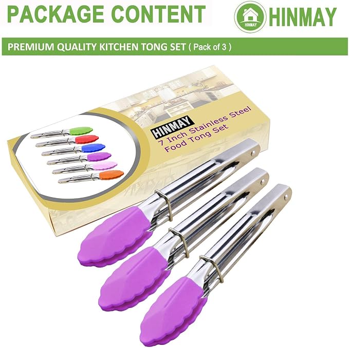 HINMAY 7-Inch Stainless Steel Tongs with Silicone Tips, Set of 3 (Purple) | 7-Inch Locking Metal Food Tongs