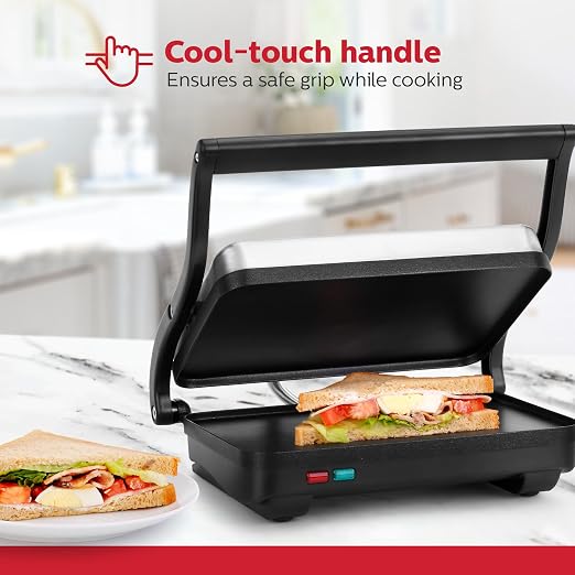 Holstein Housewares Electric Griddle for Toasting Sandwiches, Various Snacks - Black/Stainless Steel (260 x 170mm)