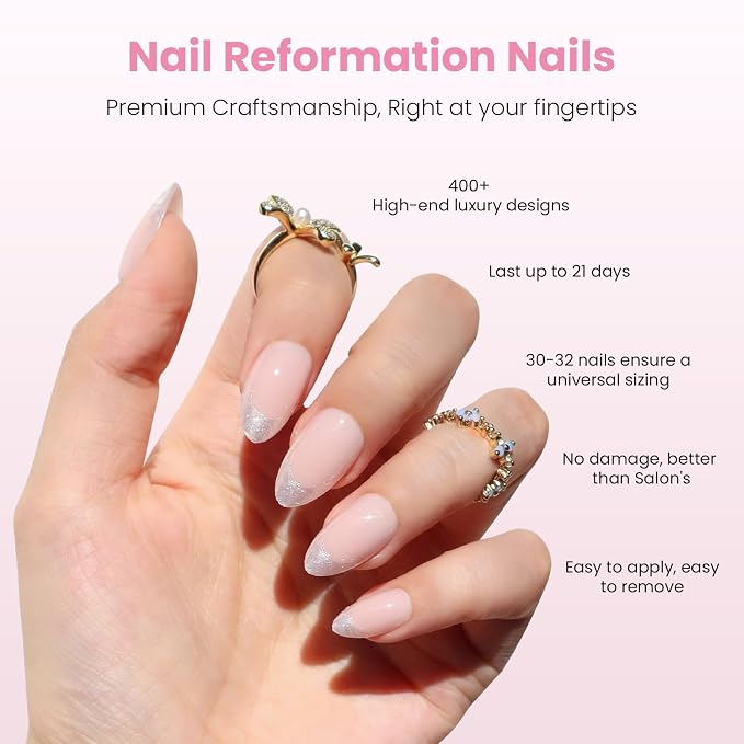 Nail Reformation Press On Nails, Sheer Nude Short Almond Fake Nails 32 Pcs | Silver Glitter French Tip with Glossy Finish, Reusable Stick On Nails in 16 Sizes False Nail Kit with Glue, Gifts for Women