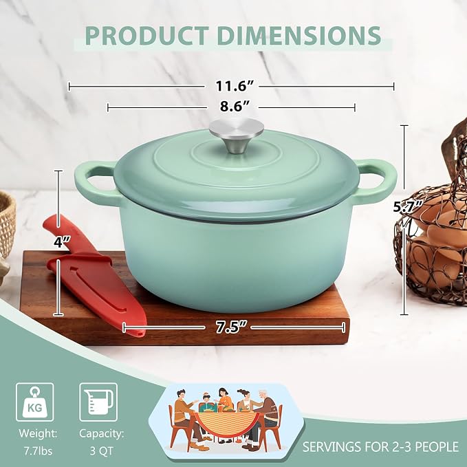 E-far 3 Qt Enameled Cast Iron Dutch Oven with Lid, Small Round Nonstick Dutch Oven Pot for Bread Baking Braising Stews Roasting Cooking, Heavy Duty, Induction & Oven Safe - Sage Green