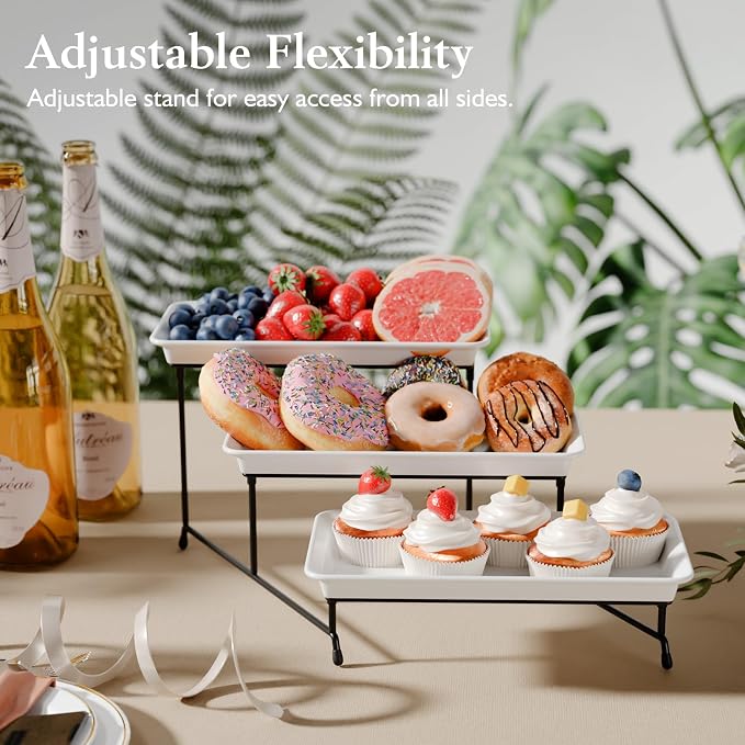Bumusty 3-Tier Melamine Serving Tray Set, 11.5 x 5.6 in, Black Stand | Melamine Reusable Platters with Metal Display Stand for Cupcakes, Desserts, Fruit, Cookies, Parties, Birthdays and Holidays