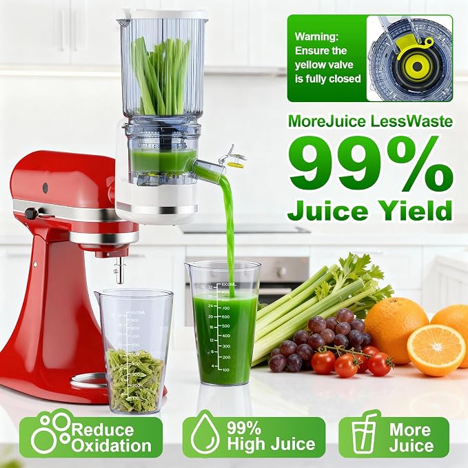 Masticating Juicer Attachment for KitchenAid Stand Mixer | 4.9" Large Feed Chute Fit Whole Vegetables & Fruits, Slow Cold Press Juicer Includes 2 * 32oz Capacity Cups