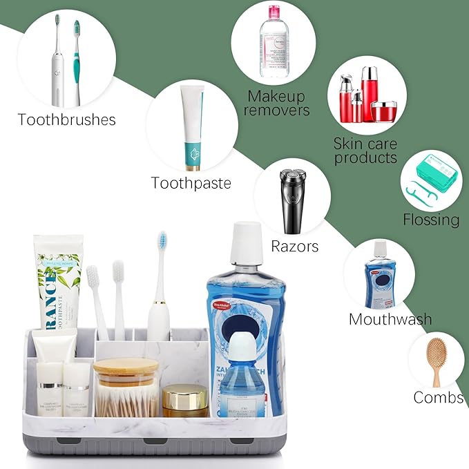 GFWARE Marble Bathroom Countertop Organizer - Detachable 7 Slots Kids Electric Toothbrush and Toothpaste Holde Drainage for Bathroom Accessories Organization Counter Vanity Storage, Grey | Detachable 7 Slots Kid Electric Toothbrush and Toothpaste Holde...