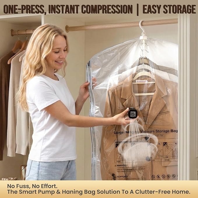 TAILI Hanging Vacuum Storage Bags for Clothes,6 Combo with Pump | Vacuum Seal Bags for Clothing Travel, Electric Pump, Winter Clothes Storage Closet Organizers, Coats, Suits and Jackets