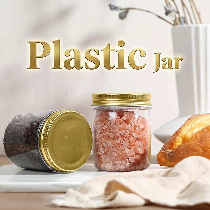 novelinks 8 oz Plastic Mason Jars and Clear Plastic Jars with Lids 8 oz | 8 Pack, Gold, Plastic Containers with Lids, Small Mason Jars, Clear Jars Bulk, Spice Jars, Slime Jars, Mini Jars