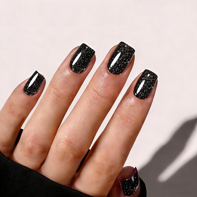 Black Press On Nails Square,Glitter -Short with Nail Glue | Apply Protective UV coating, 2+Weeks wear, Salon Quality Nails in 12 Sizes - 24 Nail Kit with Glue