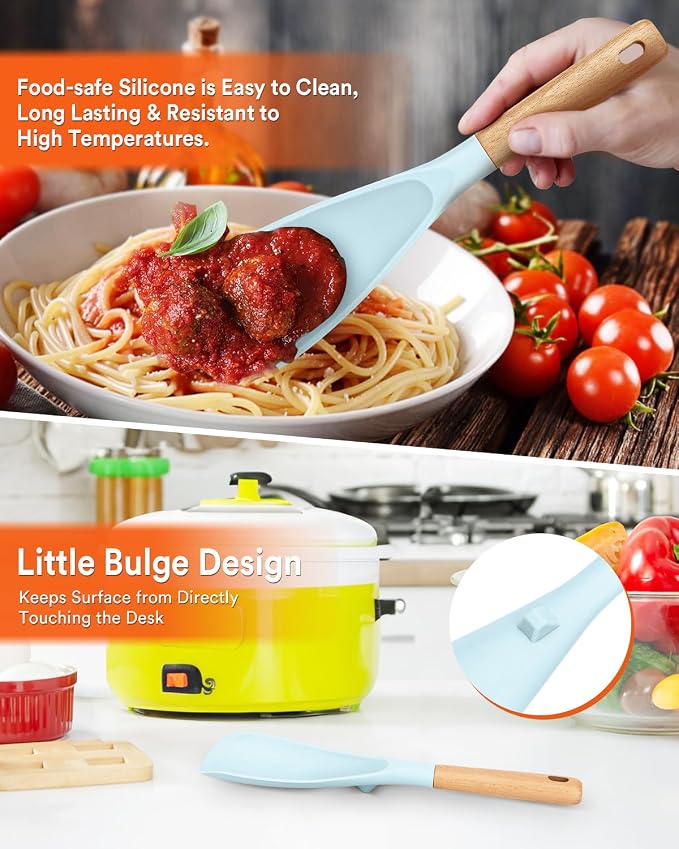 Cooking Spoon and Rice Scooper for Nonstick Cookware,Multi-function | Great for Cooking and Serving, Sturdy BPA-Free Matte Silicone, Wood Handle Spoon for Mixing, Scoop, and Scrape,9.3"+14.3"