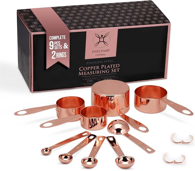 Copper Measuring Cups and Spoons Set - 9-Piece Food-Grade Stainless Steel Measuring Set with 2 Storage Rings for Heavy Duty Cooking & Baking, Rose Gold