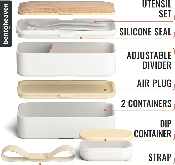 Bentoheaven Bento Box Adult, Stackable Lunch Box, 40 oz, Bright Light | BPA-free, leakproof and microwave-safe with 2 compartments, utensils, chopsticks, divider and sauce cup for men and women.