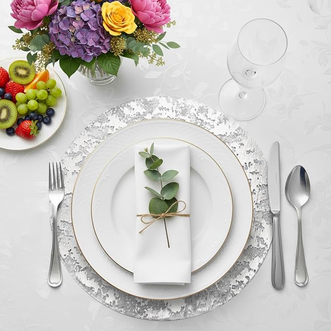 ZAVOOS 100 Pieces Disposable Silver Placemats, 13 Inch | Round Glitter Foil Table Mats Bulk, Metallic Mesh Pressed Table Doilies for Home Decor, Dining Table, Wedding, Birthday Party