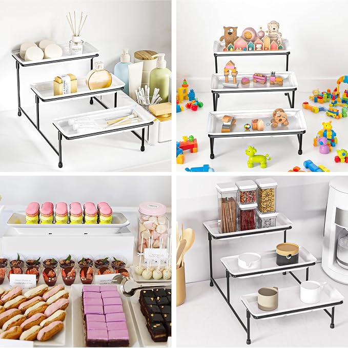 3 Tier Serving Tray for Party, 15" Steel Stand, Tiered Platter, Black | Steel frame, sturdy & stable. For cookies, veggie, dessert & fruit. Ideal for parties, weddings, BBQ & events.