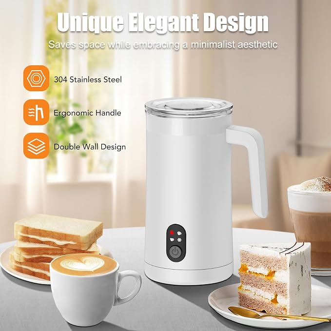 Milk Frother, 4-in-1 Milk Steamer and Frother, 13.5oz, White | Large Capacity Electric Milk Steamer, Hot & Cold Foam Maker and Milk Warmer, Frother for Coffee, Latte, Cappuccino, Macchiato