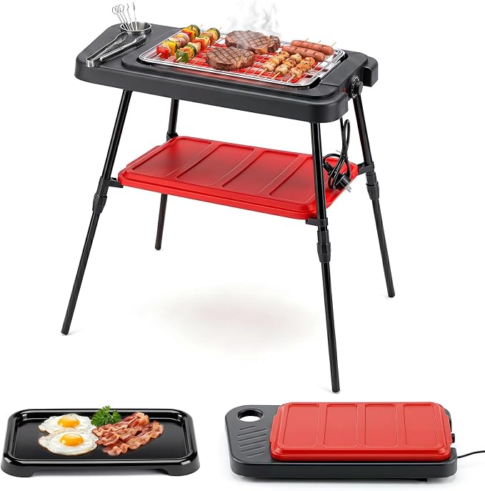 Giantex 2-in-1 Electric Grill and Griddle Indoor Outdoor | Portable Low-Smoke BBQ Grill with Adjustable Stand, Grease Tray, Tabletop or Freestanding, for Picnic Camping Backyard, 1500W