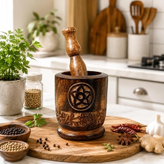 Handcrafted Wooden Mortar and Pestle Set, 7 Inch, Solid Wood Spice Grinder, Decorative Carved Herb Crusher for Kitchen, Seasonings, Garlic and Dry Ingredients
