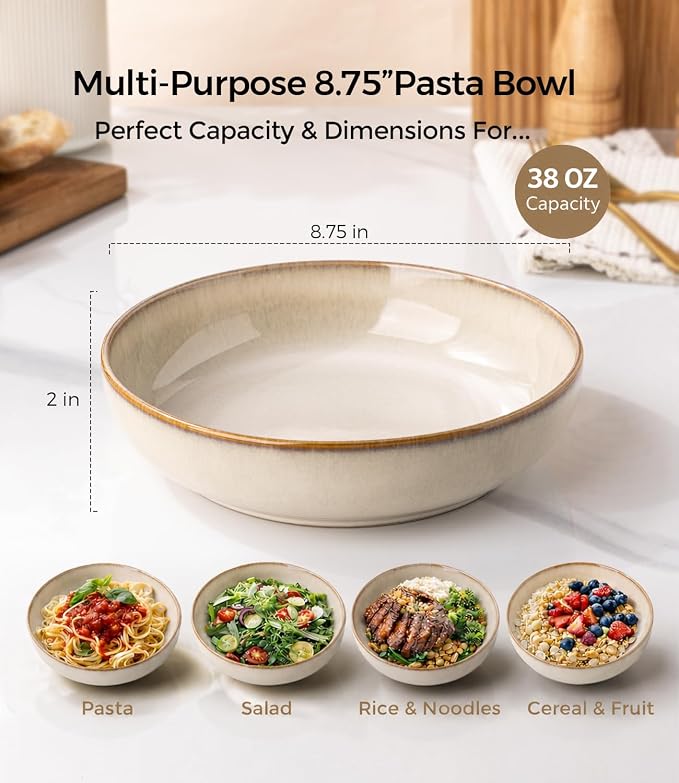 GBhome 8.75'' Large Pasta Bowls, 38oz Stoneware Pasta Serving Bowls Set of 4