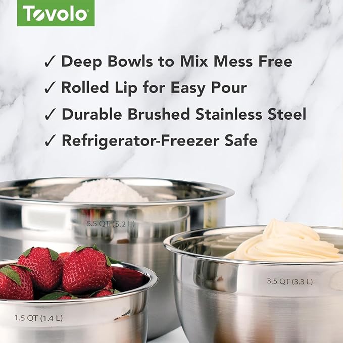 Tovolo Medium Stainless Steel Mixing Bowl 3.5 Quart Nesting Metal Bowl with Rounder Lip Edge, Dishwasher Safe Single Metal Bowl Kitchen Prep Essential, Whisking Bowl for Baking and Cooking