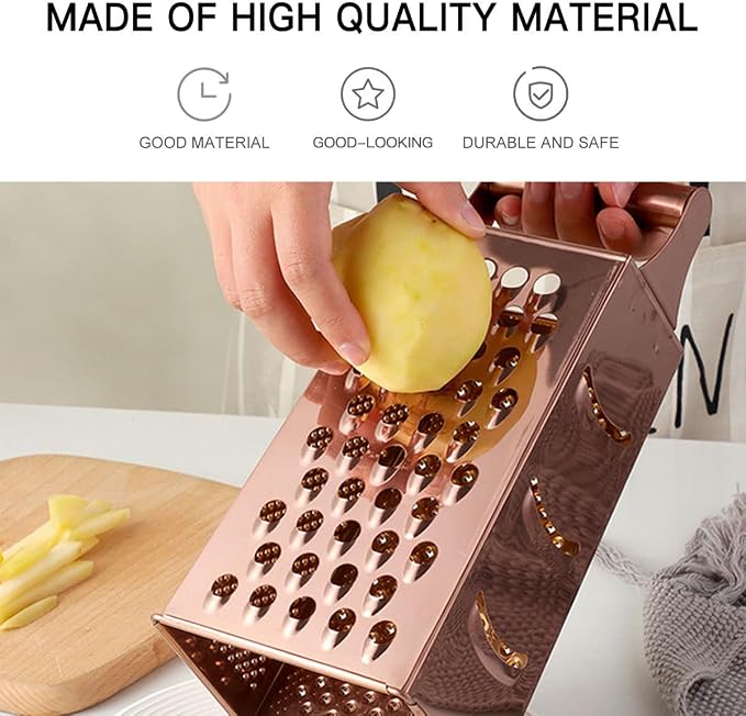 DOITOOL Professional Cheese Grater, Box Grater for Cheese Stainless Steel Vegetable Slicer 4 Sided Food Shredder Food Slicer for Vegetables, Ginger, Potatoes, Rose Golden
