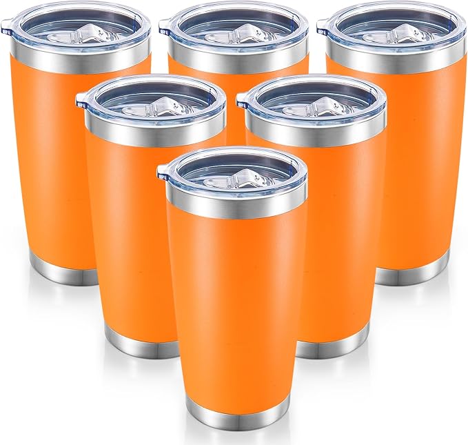 20 oz Tumblers Bulk Stainless Steel Tumbler with Lid, 6 Pack | Orange, 20oz Insulated Coffee Mug, Double Wall Vacuum, Powder Coated Cup, for Hot and Cold Drinks