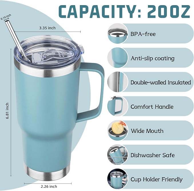 20 oz Tumbler with Handle Stainless Steel Insulated Coffee Mug Tumbler with Lid and Straw Double Wall Vacuum Insulated Coffee Mug Leak Proof Travel Tumbler for Hot and Cold Drink (Azure Blue,1pack)