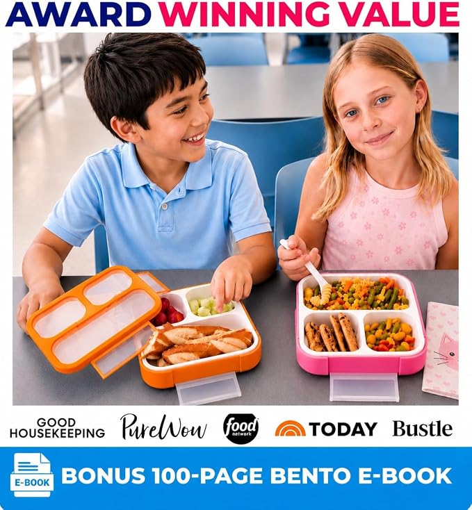 kinsho Bento Box for Kids, Toddler Lunch Boxes Snack Container for Small Boys Girls School Daycare, Leakproof 3 Compartments, Adult Portion Control Snacks, BPA Free. Medium Orange Pink 2 Pack