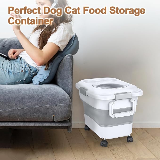 Dog Food Storage Container, 10-20 lbs Airtight Collapsible Cat Food Storage Container with Attachable Wheels, Portable Handle, Dog Food Scoop for Dog Cat Bird Pet Dry Food Storage Bin Light Grey