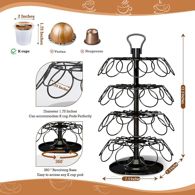K Cup Holder,4-Tier Coffee Pod Holder Storage Organizer Stand,Holds 36 Pods | K Cup Carousel, 360°Rotating K Cup Organizer, Space-Saving for Countertop, K Cups Holder Easy Assembly, Glossy Black Finish