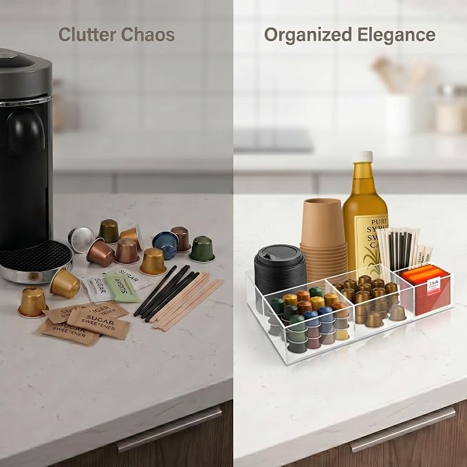 Acrylic Coffee Bar Station, Countertop Snack Tea Organizer & Condiment Tray | Syrup, Creamer, Sugar Packets & Tea Bags