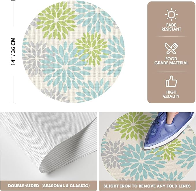 Artoid Mode Sage Dahlia Plastic Round Placemats Set of 4, 14 Inch Seasonal Washable Woven Vinyl Table Mats for Farmhouse Party Kitchen Dining Decor