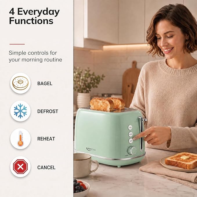2 Slice Stainless Steel Toaster Retro with 6 Bread Shade Settings, Bagel, Cancel, Defrost Function, Extra Wide Slot, Removable Crumb Tray Green