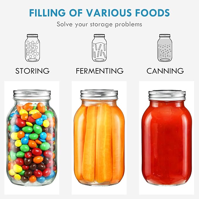 YEBODA 32 oz Wide Mouth Mason Jars with Lids, Glass Canning Jars, 6 Pack | Clear glass quart jars with two-piece lids and bands for canning, pickling, meal prep, overnight oats, and pantry storage.