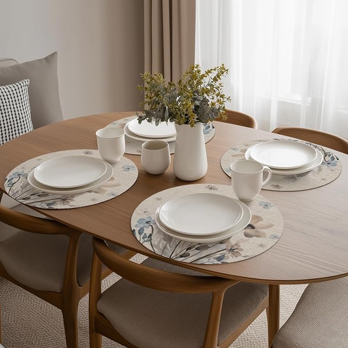 Artoid Mode Brown Poppy Floral Round Placemats Set of 4, 14 Inch Washable Non-Slip Plastic Woven Plastic PVC Place Mats for Farmhouse Party Dining Decor