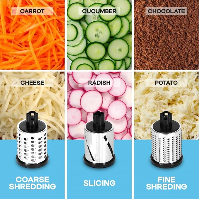 cheese grater hand crank manual, cheese shredder, High Grade steel housing-Vegetable Slicer salad shooter & vegetable shredder Rotary Grater Slicer for, Nuts, with 3 Interchangeable Blades