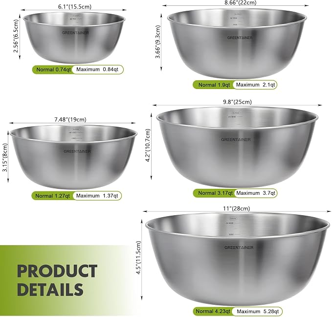 Greentainer Stainless Steel Mixing Bowls Set of 5 | 5.2 to 0.8 Qt Nesting Bowls with Measurement Markings | Dishwasher Safe | Metal Kitchen Bowls for Baking, Prepping, Cooking and Serving Food