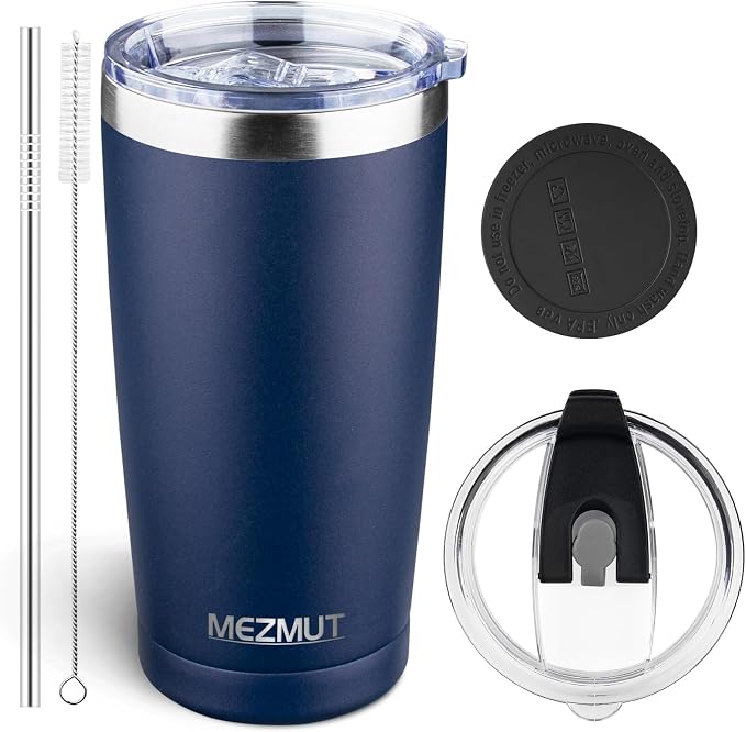 MEZMUT 20oz Insulated Tumbler Travel Coffee Mug with Lid Straw(Navy Blue,1) | 18/8 Stainless Steel Double Wall Vacuum Spill Proof Metal Insulated Tumbler with Daul Lid and Straw, Hot or Iced Coffee Cup